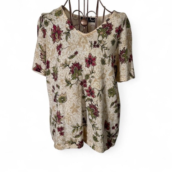 Tops - Y2K Women's Laura Scott Women's Floral Print Top Size Large Short Sleeve Beige
